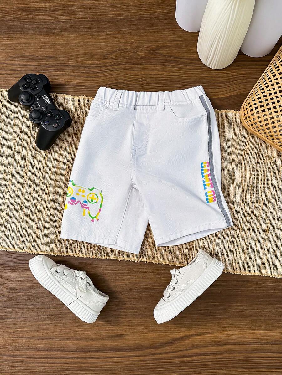 SHEIN Young Boy Stylish Casual Comfort Baggy Denim Lettering And Game Print With Side Reflective Strip Design For Boys Shorts For Vacation And Dailywear - White - View 1