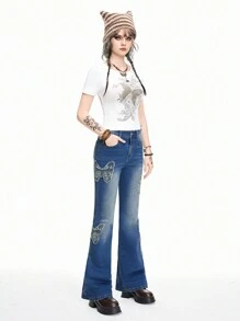 ROMWE Fairycore 女士复古蝴蝶铆钉串珠波西米亚风喇叭牛仔裤 - 藍色 - 查看 2