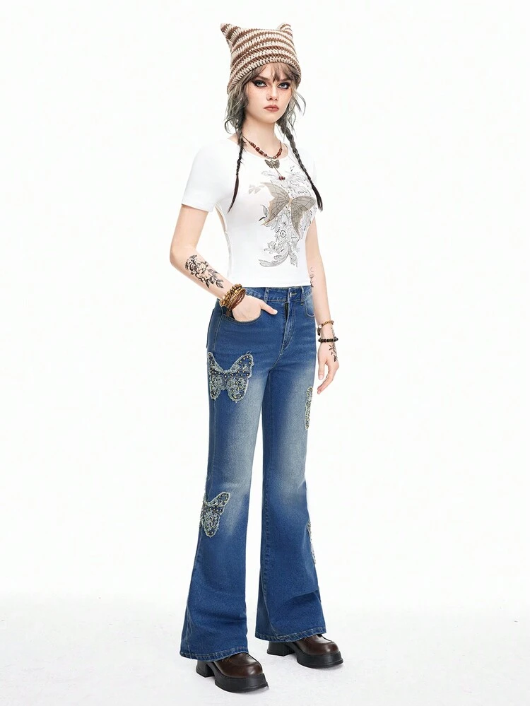 Women's Vintage Butterfly Stud Beaded Bohemian Flared Jeans