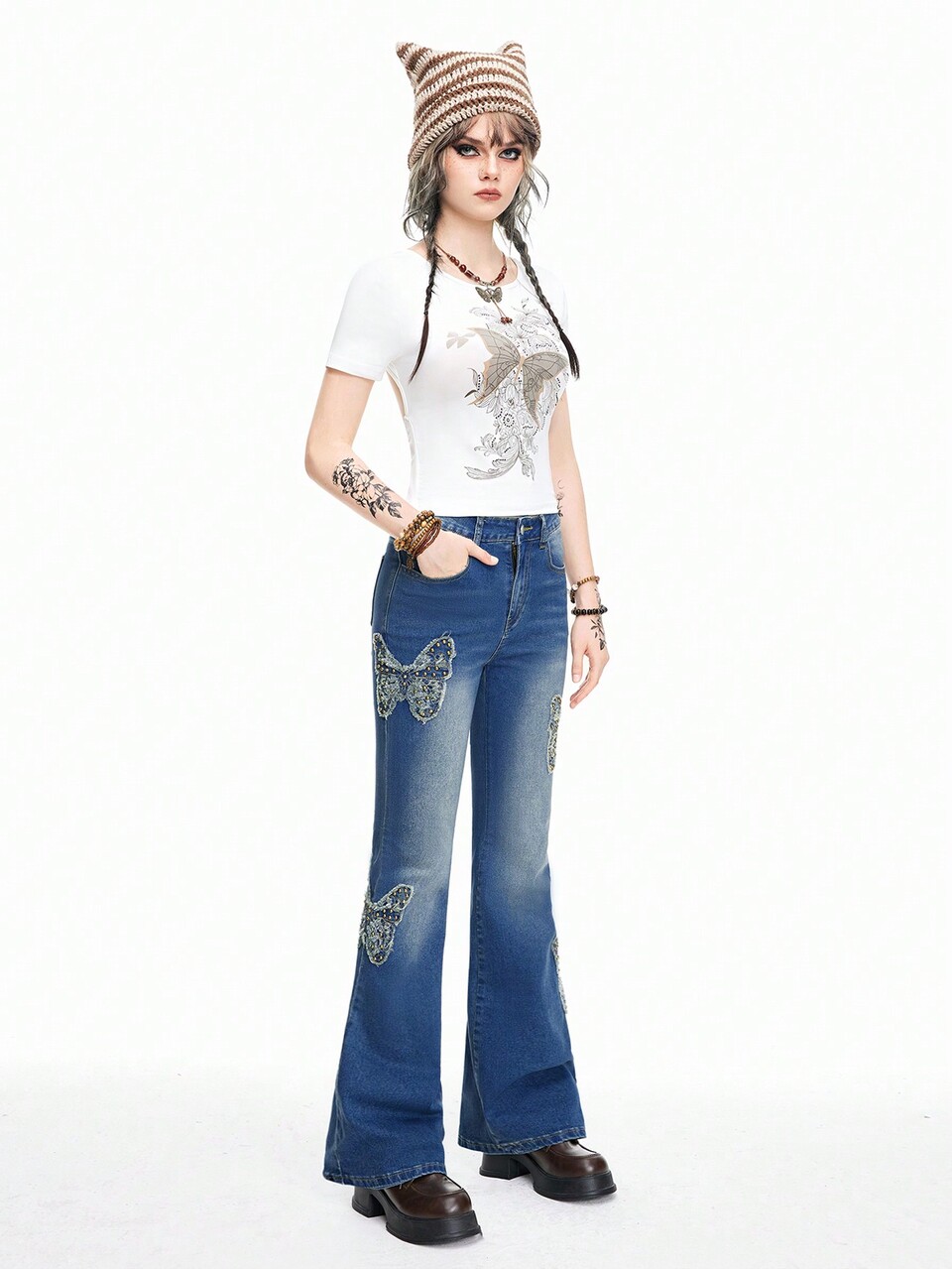 Women's Vintage Butterfly Stud Beaded Bohemian Flared Jeans
