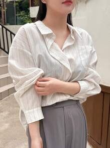 Dazy Petite Plus Plus Size Striped Drop Shoulder & Patchwork & Pocket Detail Shirt,Back To School Clothes Long Sleeve Top - Apricot - View 1