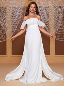YISIKADO Off Shoulder Ruffle Trim Overlay Wedding Dress - White - View 4