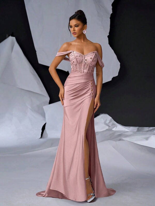 Glamrae Mâneci elegante, superbe, roz și sexy, cu un singur umăr, broderie luxoasă, cusături din dantelă cu margele, țesătură elastică pentru costum de baie, țesătură lucioasă tricotată, țesătură cu cană în piept, cusături presate în os de pește, detalii oase, design cu fâșii încrucișate cu fantă înaltă, design coadă de pește, rochie strâmtă cu coadă de pește potrivită Pentru nunți Petrecere de burlac Sărbători Sezon de absolvire Cina Rochie de seară (Stil de industrie grea)