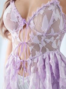 SHEIN ICON Women's Sexy Butterfly Pattern Lace See-Through Cami, Multi-Layer Ruffled Hemline, Lace Decorated, Front Knot Tie