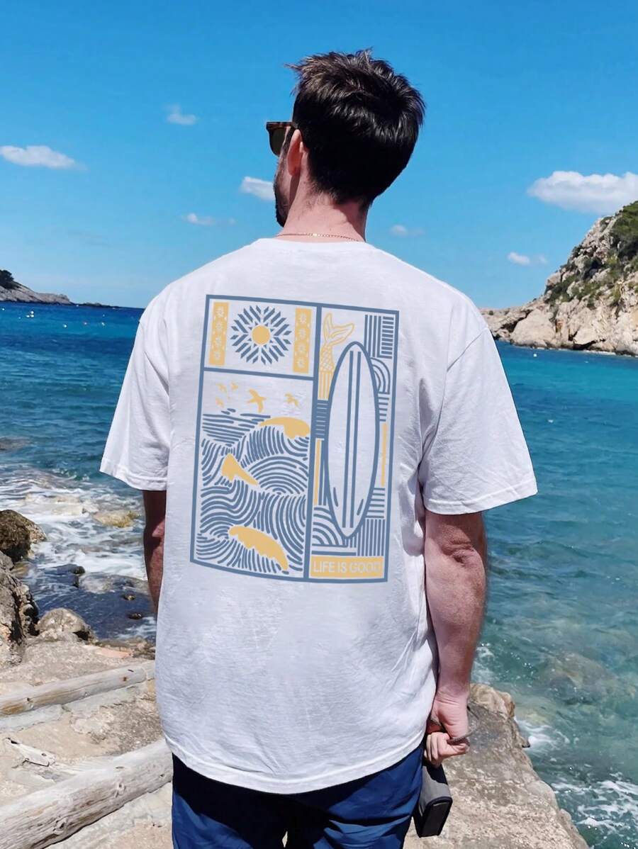 Men's Casual Summer Slogan Print Round Neck Short Sleeve T-Shirt - trắng - Xem 1