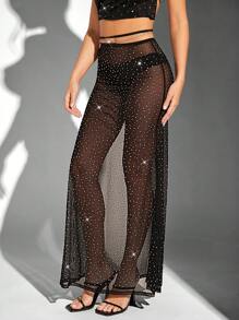 SHEIN Unity Tie Strap Waist Rhinestone Sequin Maxi Skirt - Black - View 3