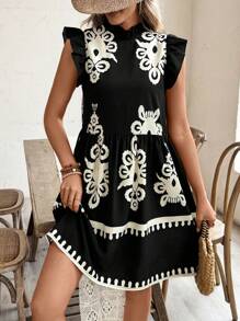 Breezaya 印花荷叶边领喇叭袖宽松蛋糕裙度假海滩装女装 - 黑色 - 查看 4