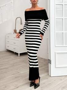 EURMUSE Váy maxi lệch vai màu đen và trắng - Đen và trắng - Xem 1