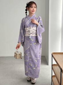 FRIFUL Japanese Style Elaborate Printed Yukata With Woven Jacquard Obi Belt And Fringed Belt Set, Upgraded Yukata