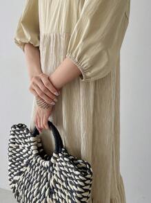 FRIFUL Women's Casual Solid Color Bishop Sleeve Dress With Ruffled Hem Sundress - Apricot - View 6