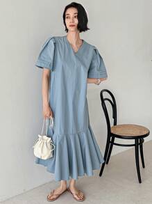 FRIFUL Đầm suông tay ngắn cổ chữ V màu trơn có viền nhún bèo cho nữ - Màu xanh lam - Xem 3