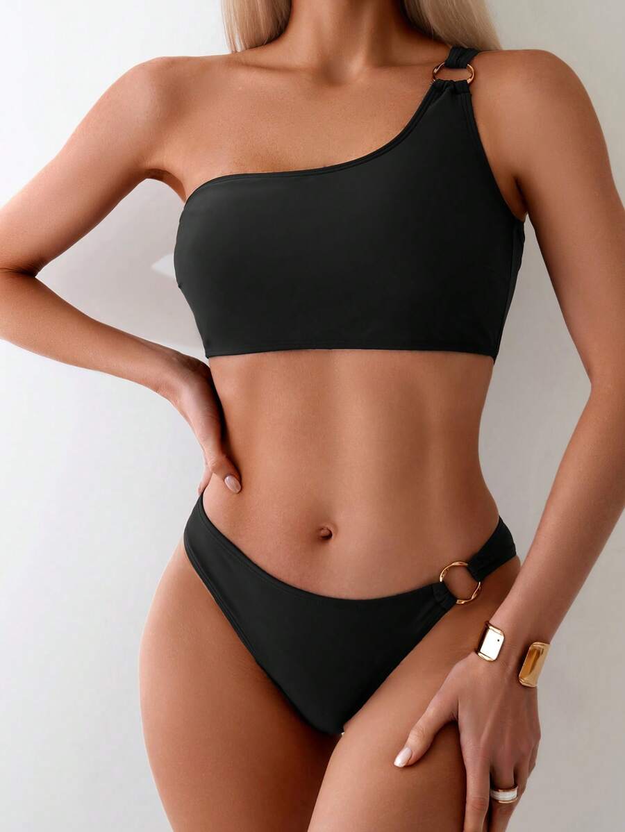 SHEIN Swim 女士纯色单肩比基尼套装带圆形连接器,性感比基尼套装适合夏季海滩 - 黑色 - 查看 1