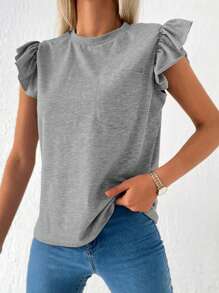 T-shirt unicolore à volants - Gris - Voir 3