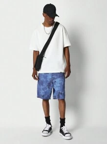 SUMWON Loose Fit Denim Short With All Over Pixel Print - Blue - View 3