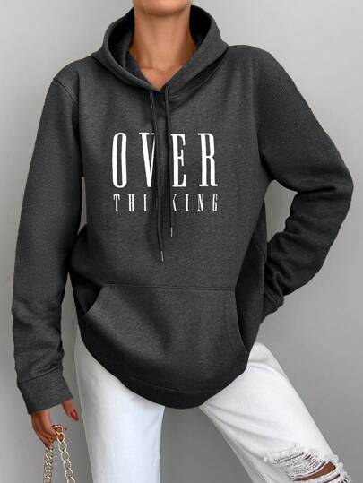 RueChic Cotton Text Graphic Drawstring Hooded Sweatshirt