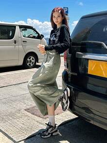 Women's Casual Fashionable Workwear High Slit Denim Skirt - Mint Green - View 7