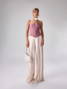 MUSERA Summer Elegant Solid Color Fishbone Clip Back Cross Tie Slim Fit Tube Top Vacation Spring Summer