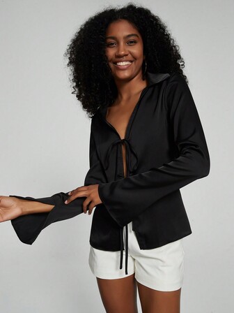 Se-Hore 女士时尚纯色缎面纹理系带装饰休闲长袖开衫