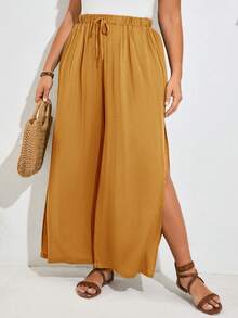 SHEIN Frenchy Ropa de festival del campo para mujer con talla grande, ropa de verano con pantalones de talle lateral liso y abertura - Amarillo - Ver 3
