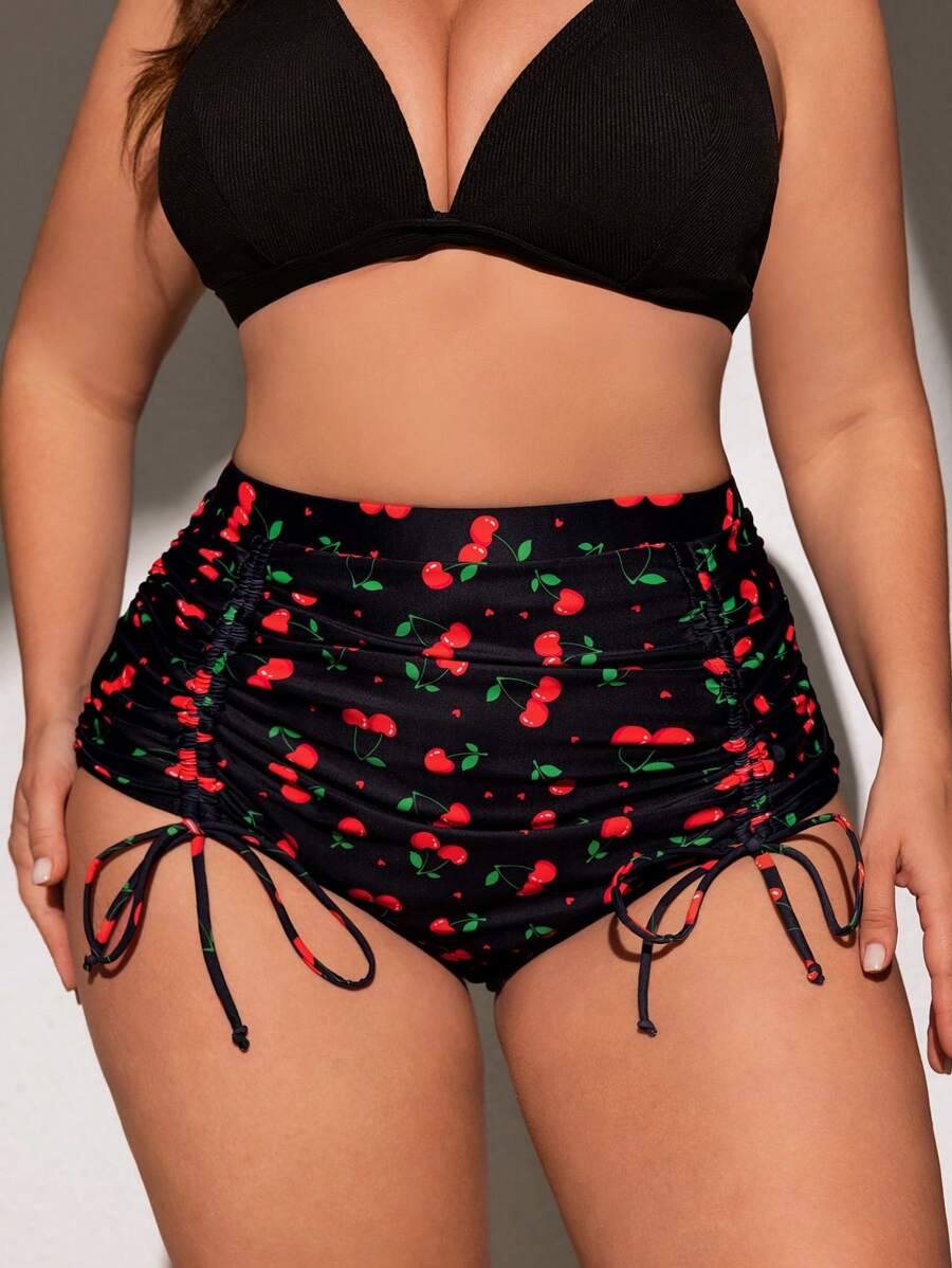 Swim Mod Plus Size Women's Fashionable Cherry Printed Swim Bottom,Summer Beach - Black - View 1