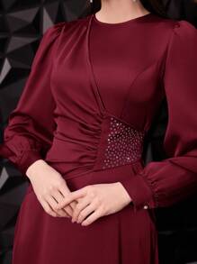 Veilorie 酒红色女士纯色灯笼袖长款优雅连衣裙，腰部饰有褶皱细节，春夏长款晚礼服 - 酒紅色 - 查看 5