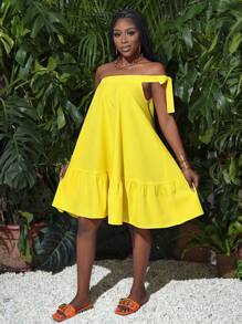 Slaydiva 夏季休閒度假單肩蝴蝶結A字褶邊寬鬆黃色短裙女裝 - 黃色 - 查看 5