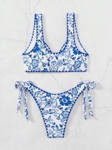 Swim Vcay Damski dwuczęściowy zestaw bikini z kwiatowym nadrukiem i nadrukiem z przodu na lato - Niebieski i biały - Zobacz 2