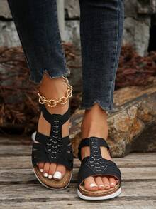 Mùa Hè Mới Đính Kim Cương Nữ Thương Mại Thoải Mái Thời Trang Plus Kích Thước Đế Xuồng Gót Đế Có Dây Co Giãn - màu đen - Xem 2