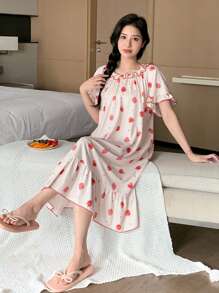DAZY Cute Strawberry Printed Sleeping Dress With Layered Ruffle Hem And Contrast Stitching Pajama - Beige - View 4