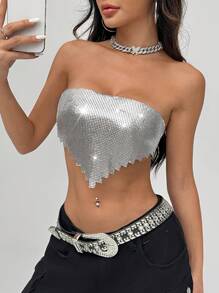 EgrlEra 女式Y2K金屬閃粉露肩上衣，適用於夜店 - 銀色 - 查看 3