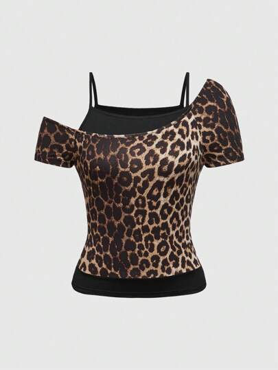 Grunge Punk Grunge Leopard Print Music Festival Style Color Block Oversized Women's T-Shirt, School