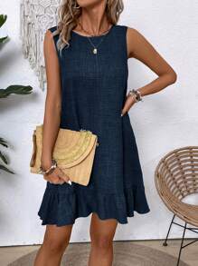 Breezaya Women's Summer Solid Color Sleeveless Round Neckline Elegant Dress With Ruffled Hemline Vacation Beach Outfit