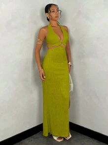 SHEIN BAE Đầm xẻ tà cao màu trơn có họa tiết cổ khoét lưng - màu xanh lá - Xem 3