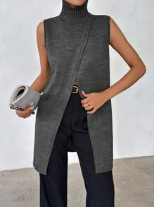 EURMUSE Damen Frenchy Style langer ärmelloser Pullover-Weste mit Schlitzdetails