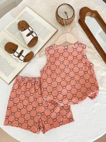 SHEIN Unisex Baby Cute Bear Printed Tank Top And Shorts Set, Summer - Brown - View 2