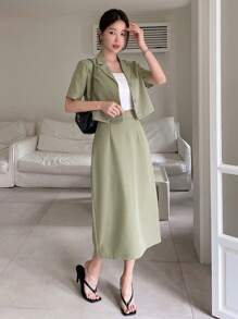 DAZY Ladies' Solid Color Short Sleeve Blazer And Knee-Length Skirt Suit - Green - View 1