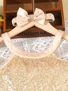 SHEIN Young Girl 2pcs  & Elegant Camisole Top With Pearl Adorned Mesh Hem + Asymmetrical  Tulle Hem Satin Ribbon Butterfly Skirt Set - Apricot - View 5