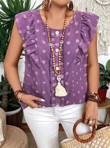 EMERY ROSE Plus Size Round Neck Ruffle Trim Casual Summer Shirt - Purple - View 1