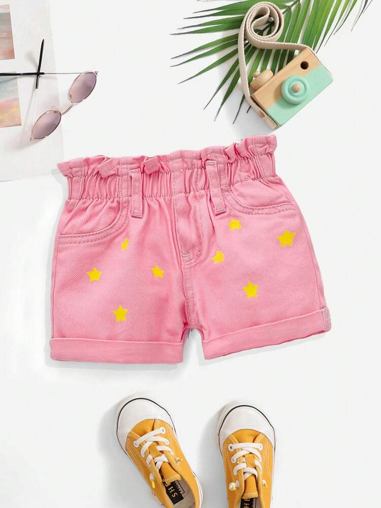 Baby Girl Denim Shorts, Washed Casual Ruffle Hem With Stars Pattern
