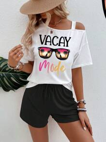 GlowEve Ensemble t-shirt à manches courtes et short pour femmes avec impression d'arbres de coco, style de vacances scénique en bord de mer - Noir et Blanc - Voir 6