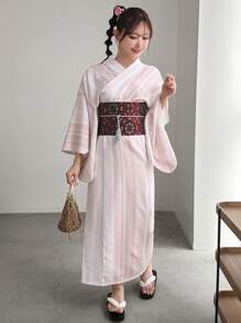 FRIFUL Japanese Style Striped & Printed Yukata With Woven Obi Belt And Tassel Waistband Set, Upgraded Version