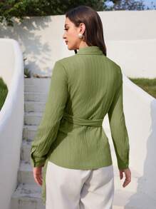 Mulvari 女士休閒純色交叉綁帶長袖襯衫，春季 - 綠色 - 查看 2