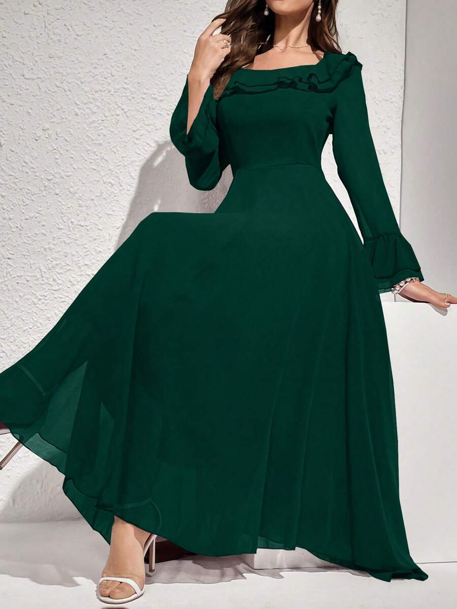 Modelyn 女式纯色长袖荷叶边 A 字裙 春夏季长款晚礼服 - 墨綠色 - 查看 1