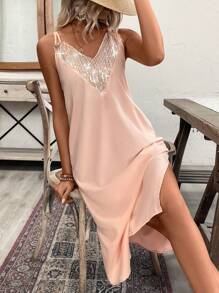 SHEIN LUNE Sequin Patchwork Double Shoulder Strap Casual Summer Dress - Black - View 1