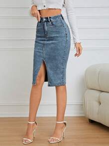 SHEIN Privé 女性休閒牛仔高低不規則裙，有口袋 - 中等水洗藍 - 查看 6