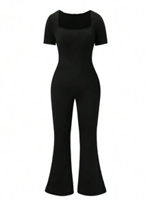 Calvaya Plus Size Women Fashionable Solid Color Simple Bell-Bottoms Jumpsuit With Square Neckline - Black - View 1