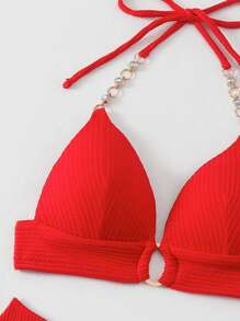 SHEIN Swim 1 件简约纯色比基尼夏季 - 紅色 - 查看 5