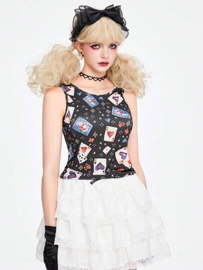 Kawaii Women's Round Neck Poker Print Sleeveless Summer Tank Top