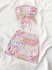 Soleia Knit Mesh Pink Patchwork Floral Tube Top With Drawstring, Slim Fit Mini Skirt - 2pcs Women's Casual Vacation Outfits - Pink - View 3