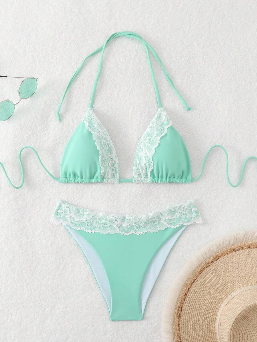SHEIN Swim Women's Summer Beach Solid Color Lace Spliced Halter Neck Tie Sexy Bikini Set - Mint Blue - View 1